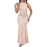 VERWIN Women's Sleeveless Halter Neck Bodycon Mermaid Evening Party Prom Cocktail Maxi Sequin Dress