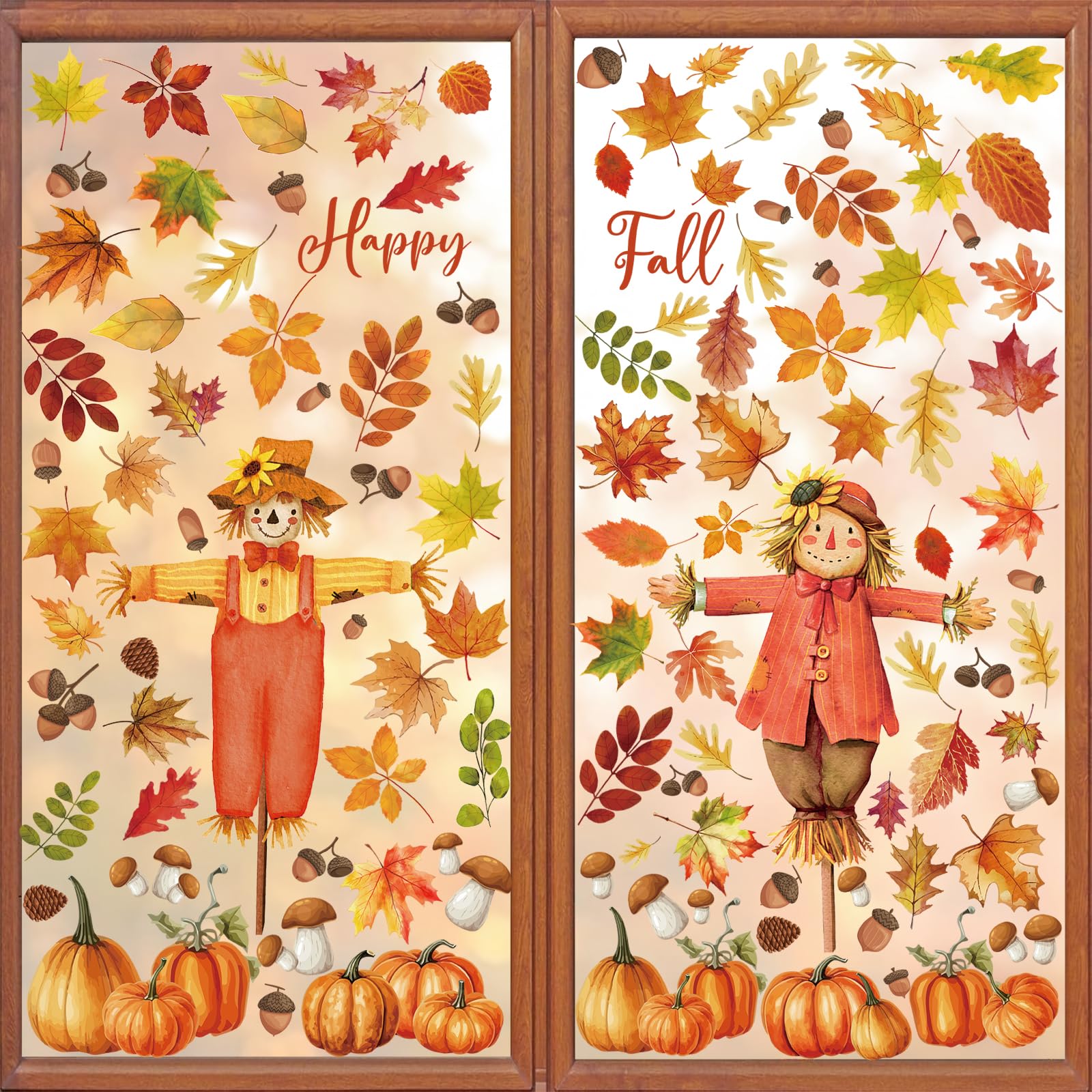 Fall Window Clings, 168Pcs Hello Fall Maple Leaves Scarecrow Window Decals Stickers for Autumn Harvest Thanksgiving Party Home Office Decorations