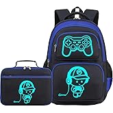 AUIVTY Boys Backpack with Lunch Box Glow in Dark Gamer Bookbag Kids Ages 4-12 Kindergarten Elementary Middle School Gaming Backpack, Luminous Game Boy Black
