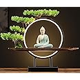 Houlu Green Buddha Statue with Green Artificial Tree and LED Circle Table Lamp, Indoor Ceramic Buddha Statues for Home Decor, 16.5 in