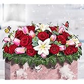 SUHOOKOO Artificial Cemetery Flowers - Headstone Flower Saddle,Non-Bleed Colors, and Easy Fit - Pink Tulip,White Lily and Red Rose Bouquet