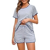 Namatime Cotton Pajama Sets for Women 2 Piece Lounge Set Stripe Pj Set Loungewear Short Sleeve Top and Shorts with Pockets