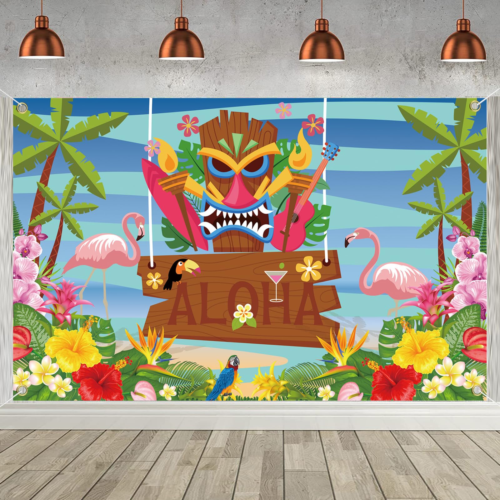 PMELCXD hawaiian party decorations, Hawaii Backdrop Banner, Large Party Backdrop Summer Beach Party Banner for Garden Flamingo Tropical Party Decoration, 180×110cm