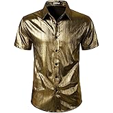 ZEROYAA Men 70s Shiny Short Sleeve Button Down Shirt Fashion Sparkle Disco Dress Shirts
