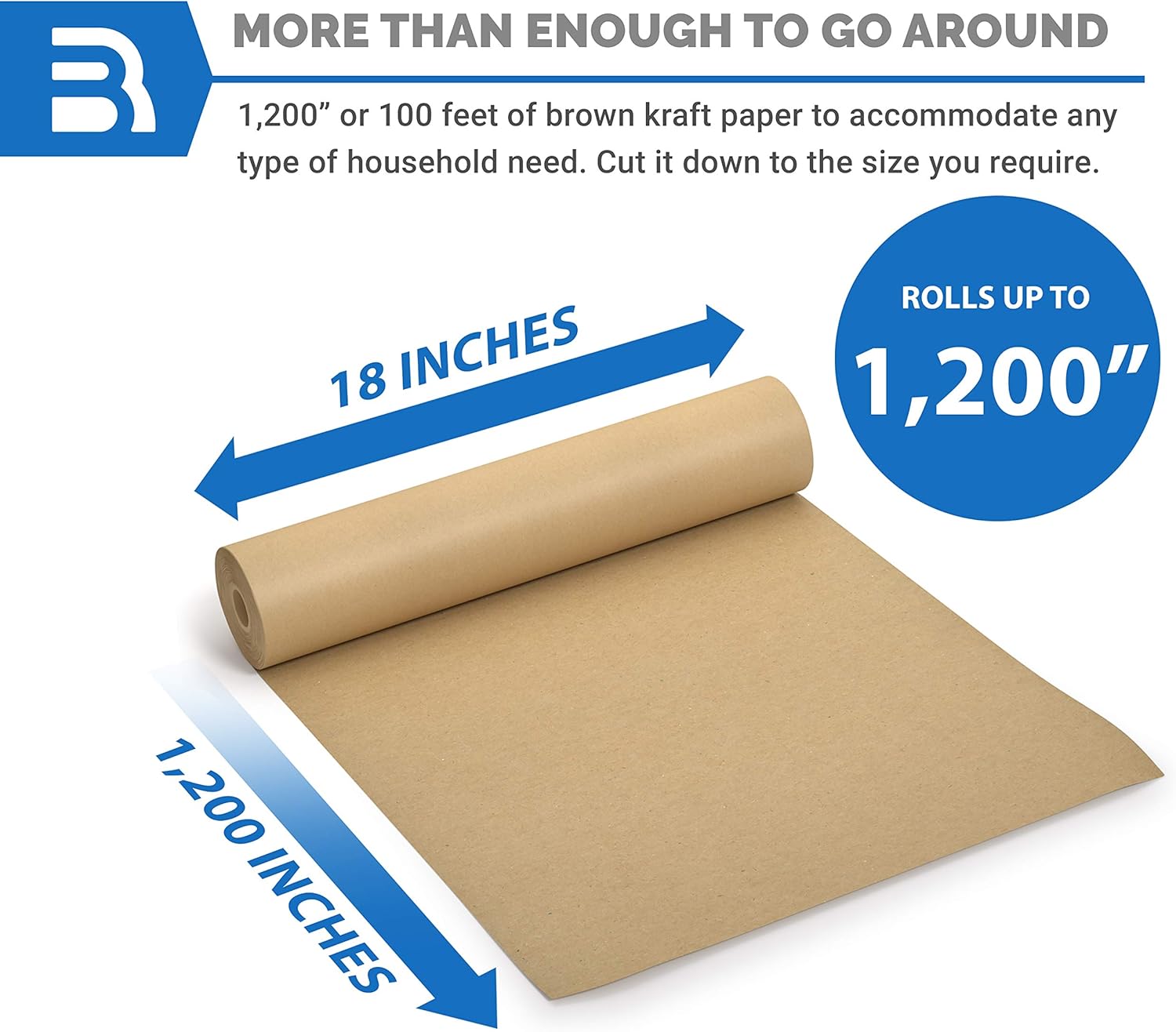 Brown Kraft Paper Roll - 18" x 1, 200" (100') Made in The USA - Ideal for Packing, Moving, Gift Wrapping, Postal, Shipping, Parcel, Wall Art, Crafts, Bulletin Boards, Floor Covering, Table Runner