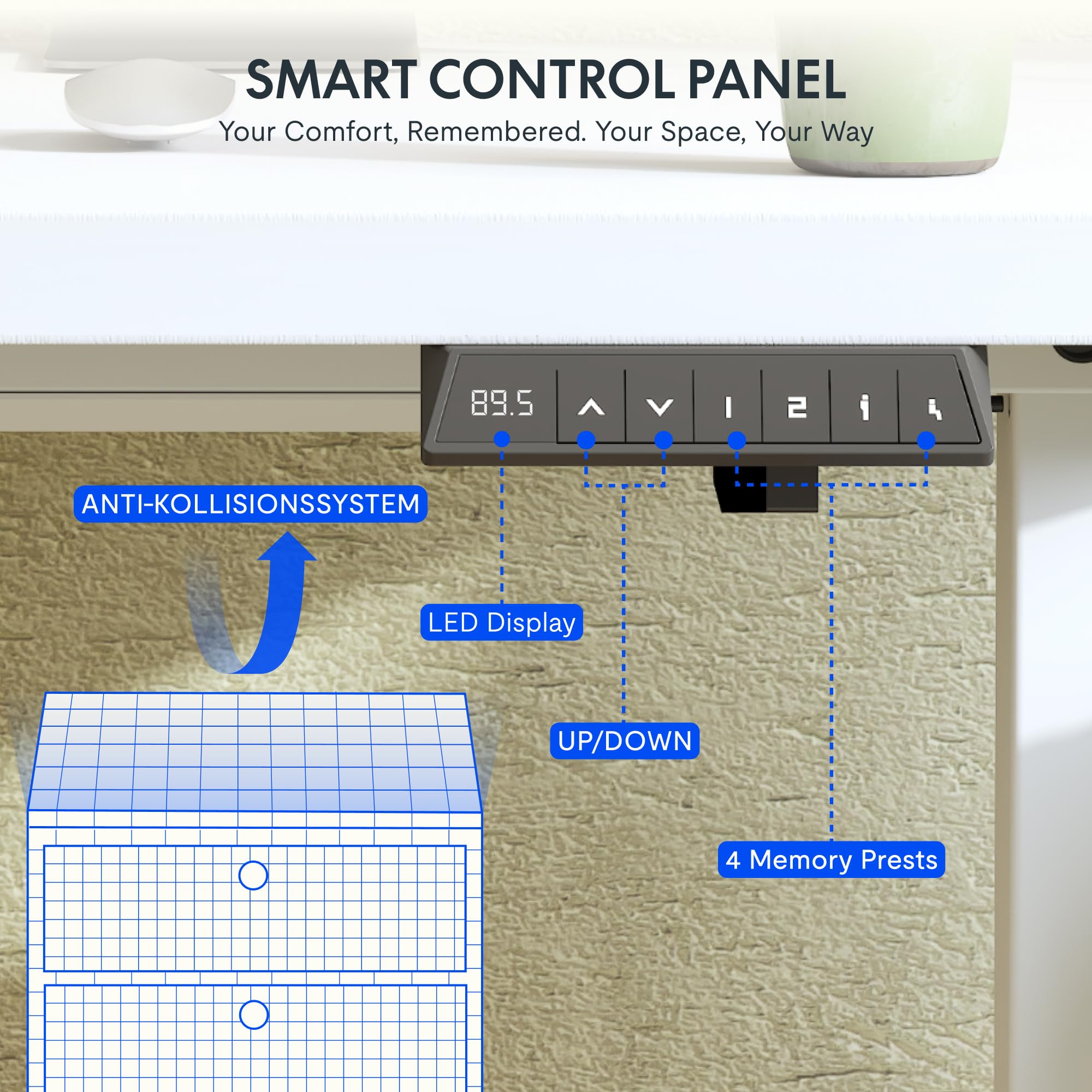 FLEXISPOT Höhenverstellbarer Schreibtisch 160×80cm, mit Haken und 25mm EINTEILIGER Tischplatte, ergonomischer Schreibtisch mit LED-Höhenanzeige und Memory-Funktion (Weiß, Weiß) 6