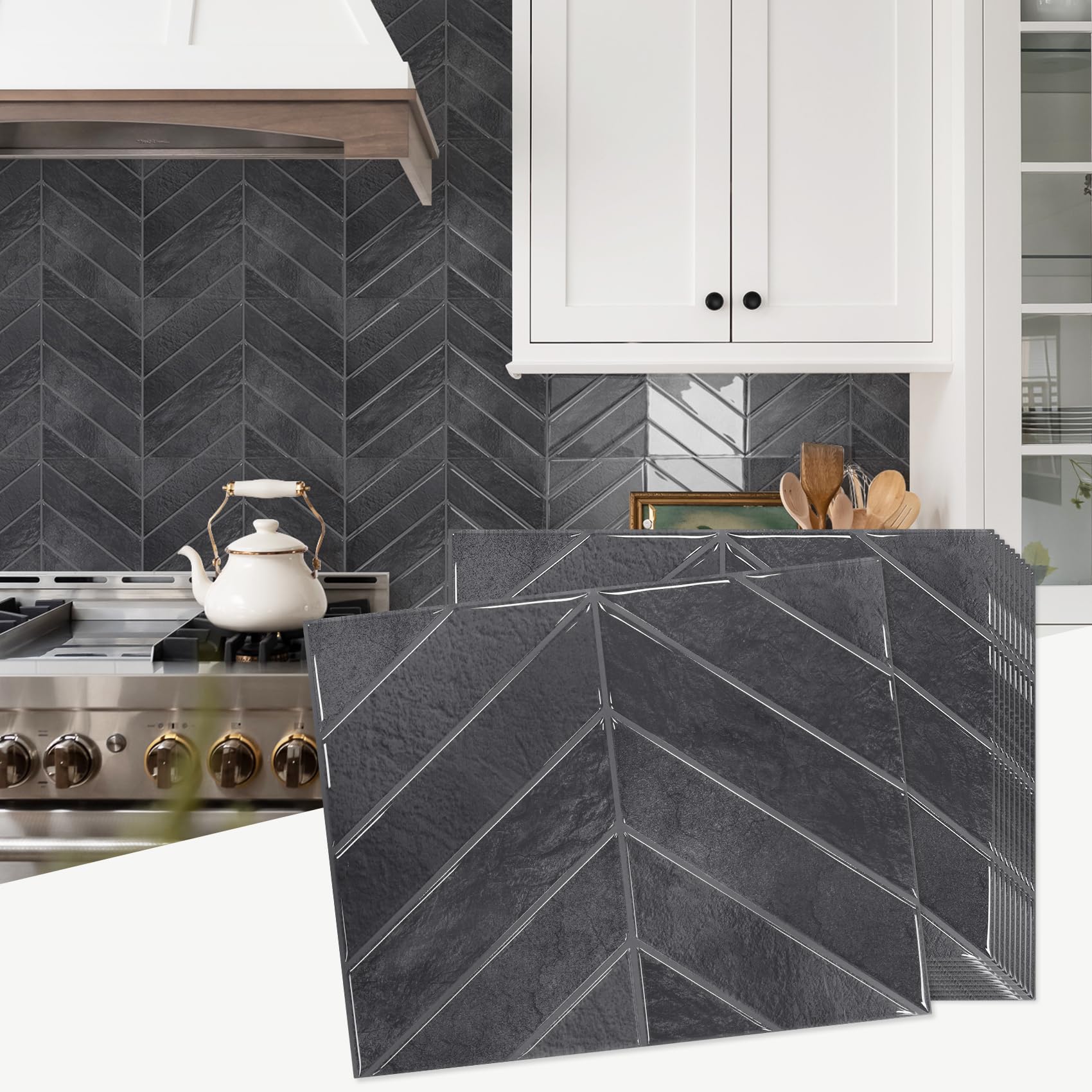 Photo 1 of STICKGOO 10 Sheets Thicker Herringbone Peel and Stick Backsplash, 12.6”×9.7” Stick on Wall Tiles, Self Adhesive Tile Sticker for Kitchen Backsplash and Bathroom, Shiny Black with Dark Grey Grout