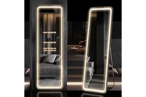 LVSOMT Full Length Mirror with LED Lights, Full Body Mirror, Free Standing Floor Mirror, Wall Mounted Lighted Mirror, Light Up Mirror w/ 3 Color Lighting for Bedroom Living Room (63"x20", Black)