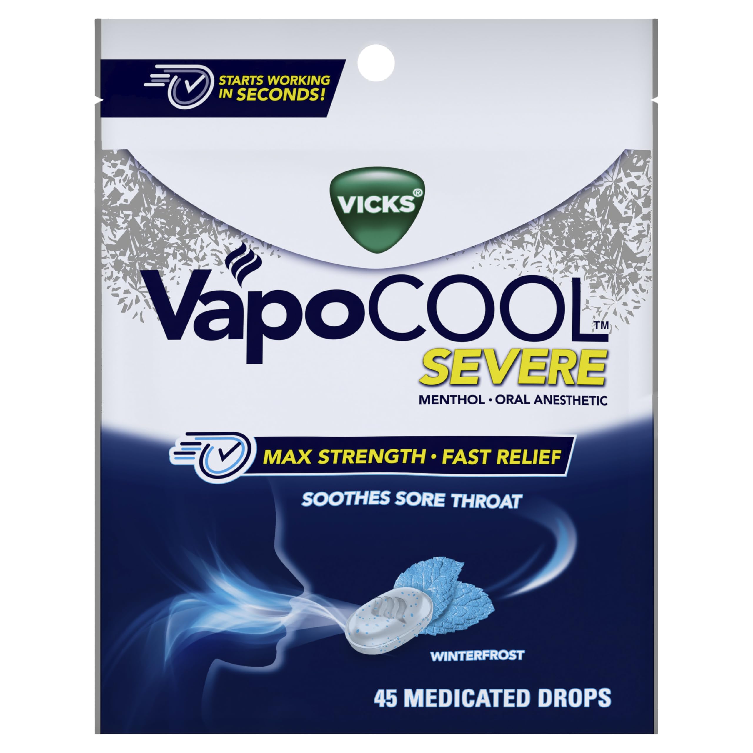 Vicks VapoCool Severe Sore Throat Drops, Max Strength Menthol, Soothes Sore Throat Pain, Winterfrost Flavor, 225ct (5-pack of 45ct)