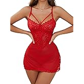 Donnalla Babydoll Lingerie for Women Sexy Lace Chemise Mesh Nightgown Side Slit Bridal Lingerie with G-String