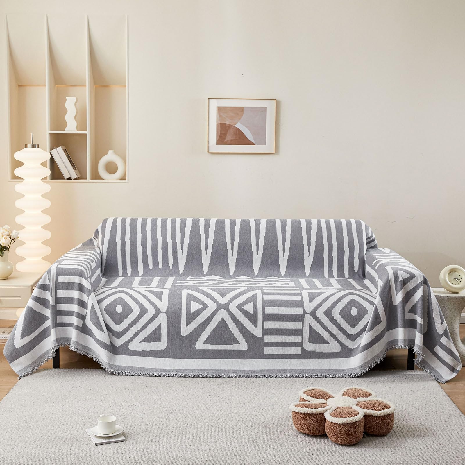 SHANNA Boho Sofa Cover for 2 3 4 Seater, Chenille AB Sided Slipcover for Corner Sofa, All-Season Protection Couch Cover for Dogs, Couch Protector Loveseat Futon Cover L Shaped Sofa Cover with Tassel