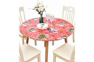 Rally Home Goods Indoor Outdoor Patio Round Fitted Vinyl Tablecloth, Flannel Backing, Elastic Edge, Waterproof Wipeable Plastic Cover, Snowman Red Christmas for 5-Seat Table of 36-42’’ Diameter