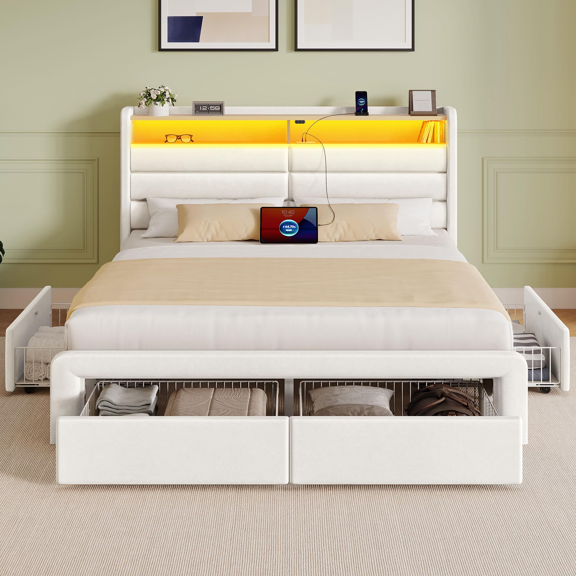 Seventable Full Size Bed Frame with 4 Storage Drawers & Charging Station, Upholstered Platform Bed with Storage Headboard and LED Light, No Box Spring Needed, Noise Free, Easy Assembly, Cream White Image