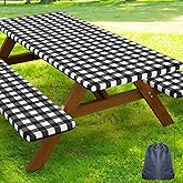 Smiry Picnic Table Cover with Bench Covers, Waterproof Elastic Fitted Tablecloths for 6 Foot Rectangle Tables, Washable Buffalo Plaid Tablecloth for Camping, Outdoor (Black & White, 30"x72")