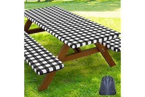 Smiry Picnic Table Cover with Bench Covers, Waterproof Elastic Fitted Tablecloths for 6 Foot Rectangle Tables, Washable Buffalo Plaid Tablecloth for Camping, Outdoor (Black & White, 30"x72")