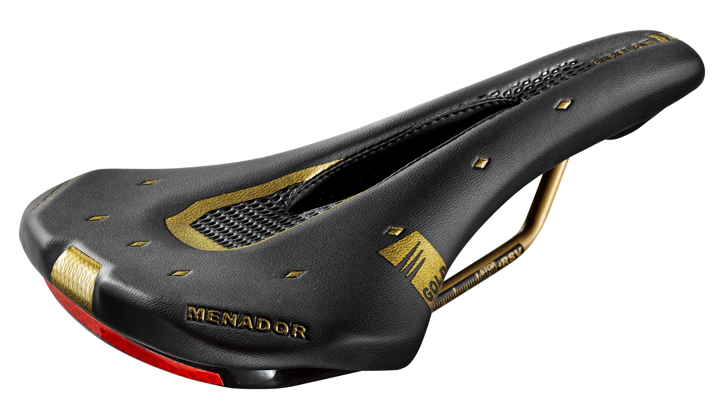 Montegrappa Menador Air Flow Bike Saddle for Racing Use Ebike MTB Gravel Enduro Memory Foam with Safety Device for Night Visibility Black/Gold Limited Edition