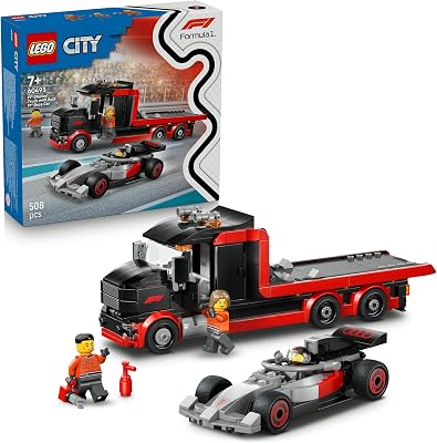 City F1 Truck mit Audi F1 Rennwagen - Spielzeug Modellbau mit 3 Minifiguren und Fahrzeug Hebefunktion - Geschenkidee für Jungen ab 7 Jahren und Motorsportfans - 60493