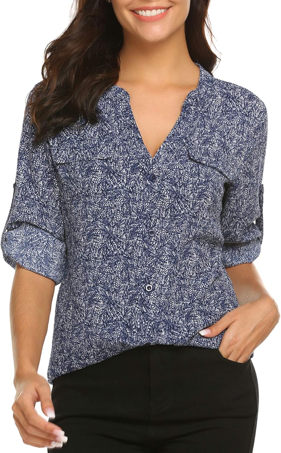 SoTeer Women Button Down Chiffon Shirts Floral Printed Henley V Neck Blouses Long Sleeve Tunic Tops