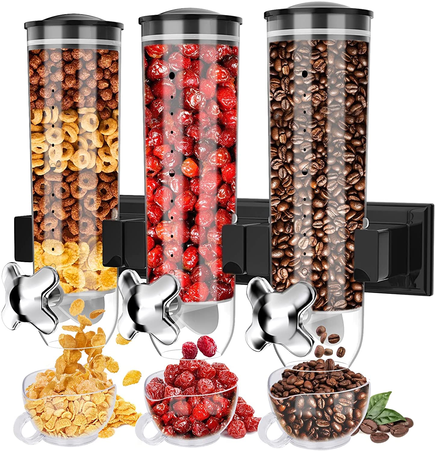 Photo 1 of (missing hardware) Triple Food Dispenser Wall Mounted Cereal Dispenser, Grains Dispenser Wall Mounted Dry Food Dispenser with 3 Cup