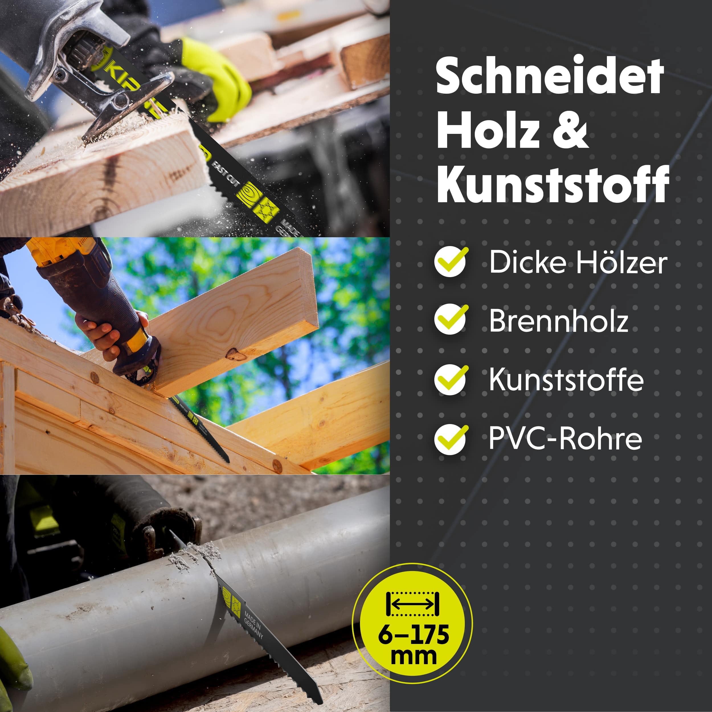 KIRNER Säbelsägeblätter Holz 225mm [ Extrem scharf & Langlebig ] 10er Pack Sägeblätter Säbelsäge inkl. Box - Reciprosägeblätter mit Universalaufnahme für alle Holz und Kunststoff 6-175mm 6