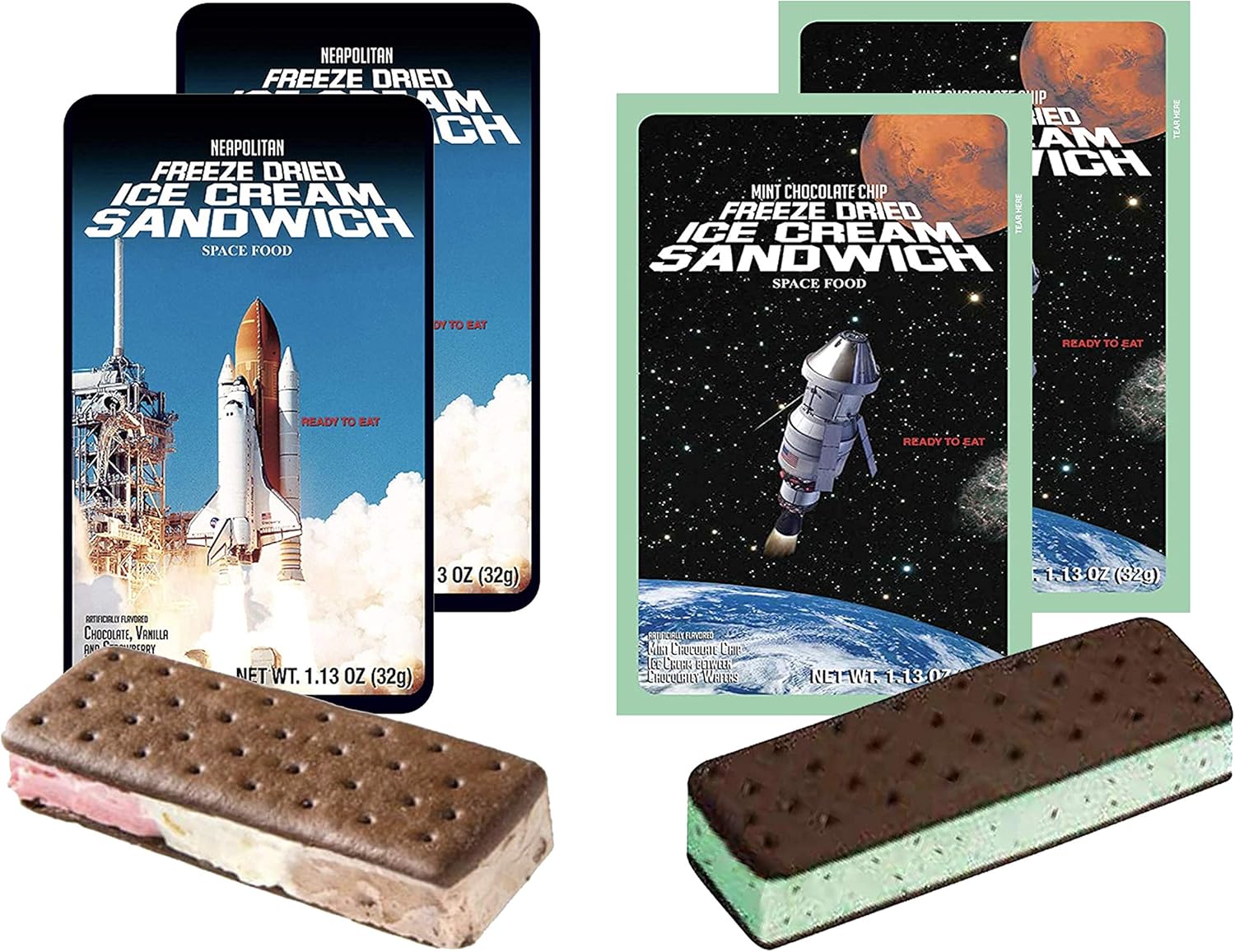 LuvyDuvy Freeze-Dried 2 Neapolitan Ice Cream Sandwiches (Chocolate-Vanilla-Strawberry) & 2 Mint Chocolate Chip | 4 Pack Total