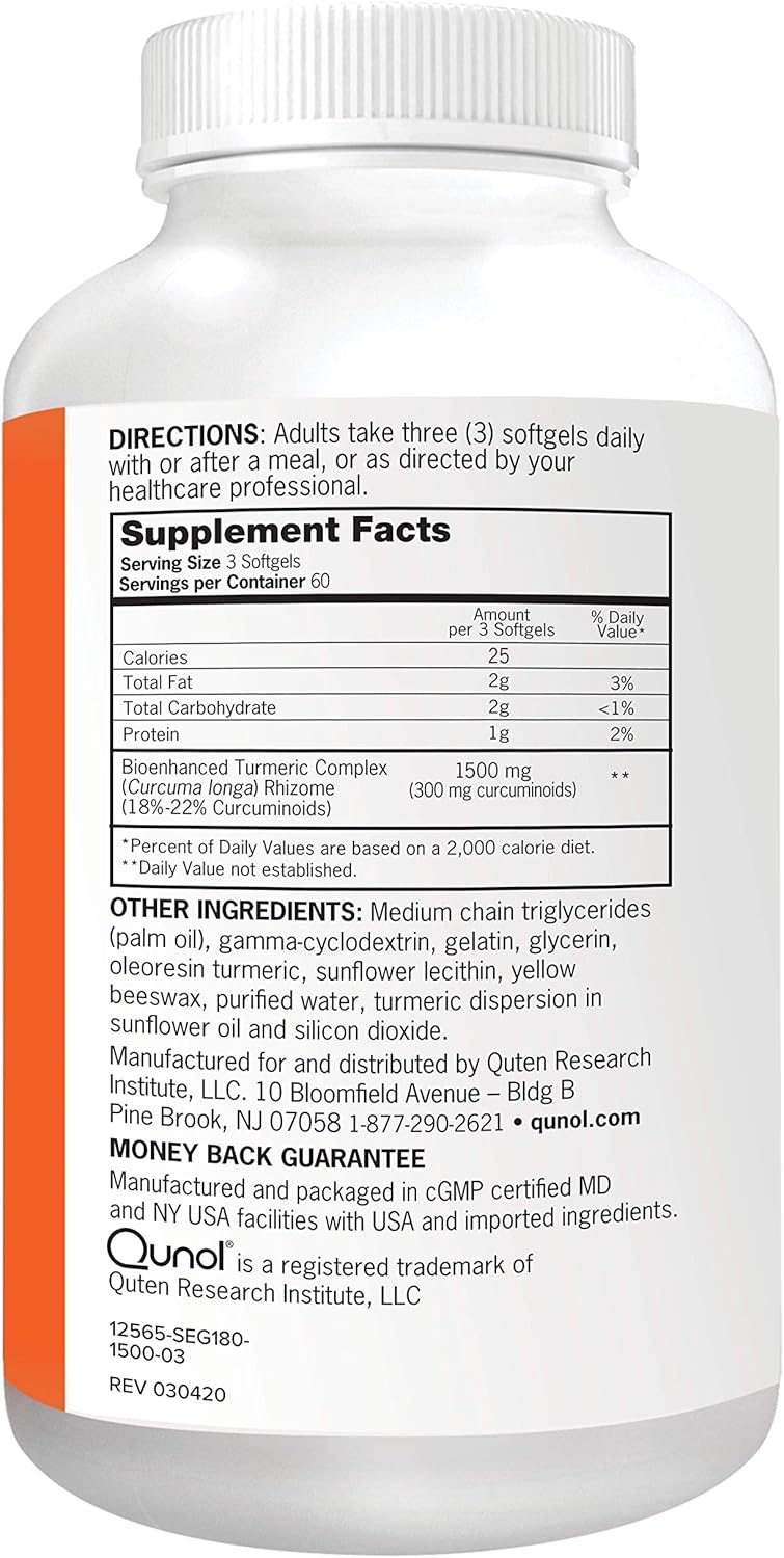 Turmeric Curcumin Softgels, Qunol with Ultra High Absorption 1500mg, Joint Support, Dietary Supplement, Extra Strength, 180 Softgels: Health & Personal Care