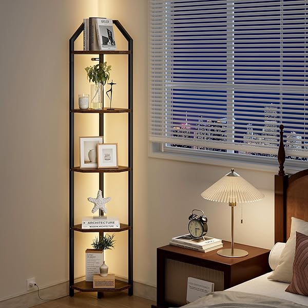 REALGULF 70 INCH CORNER SHELF WITH LED LIGHTS, 5-TIER CORNER BOOKSHELF FOR SMALL SPACES, WOOD & METAL STORAGE RACK FOR BEDROOM, LIVING ROOM, OFFICE – MODERN SPACE SAVING DESIGN- BROWN