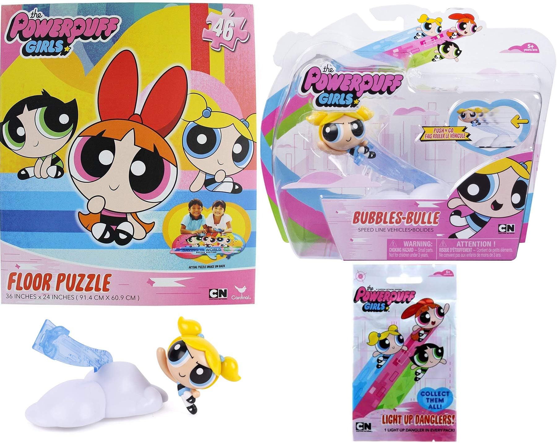 POWERPUFF GIRLS Girl Trio 3-Pack Mega Action Playset Bubbles Bulle Blue Speed Line Figure Push Action Bundled with Floor Puzzle Saving The World & Backpack Light up Dangler Blind Bag 3 Items