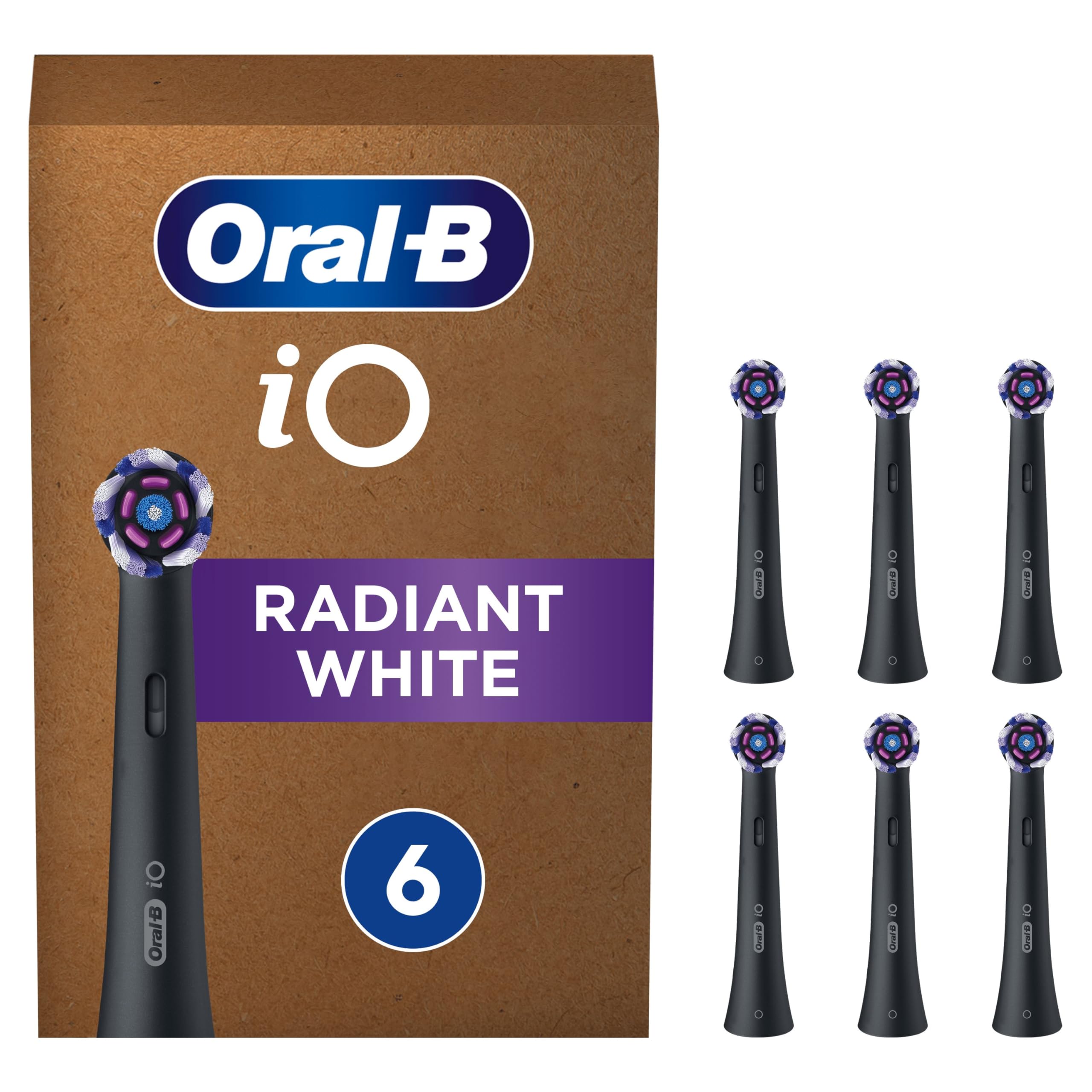 Oral-B iO Radiant White Original Electric Toothbrush Head, Angled Bristles Deeper Plaque Removal, with Polishing Petals for Teeth Whitening, Pack of 6 Toothbrush Heads, Black