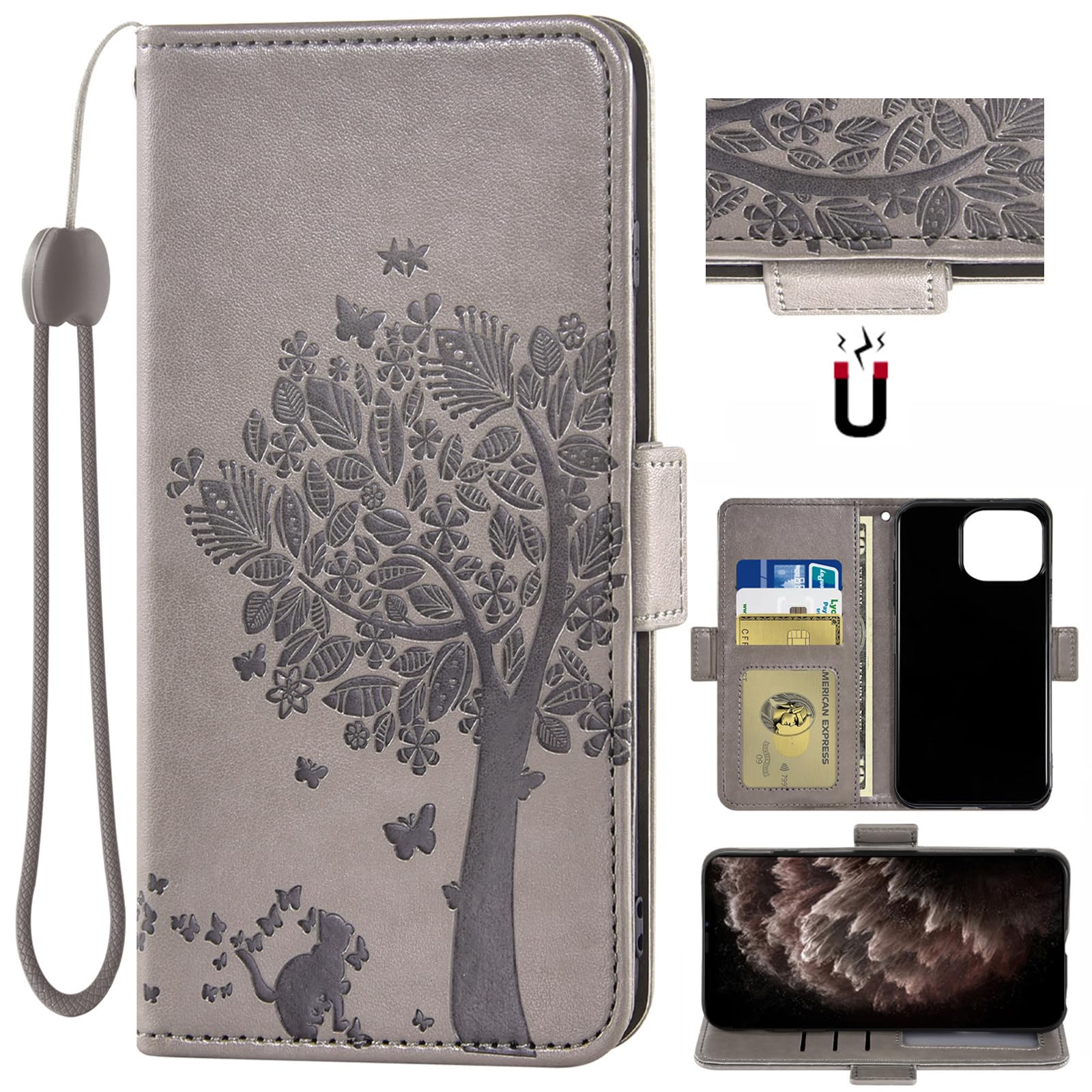 Auotu PU Leather Flip Wallet with Tree Pattern Mobile Phone Case Leather Cover Case for Cubot P80 Smartphone (Grey)