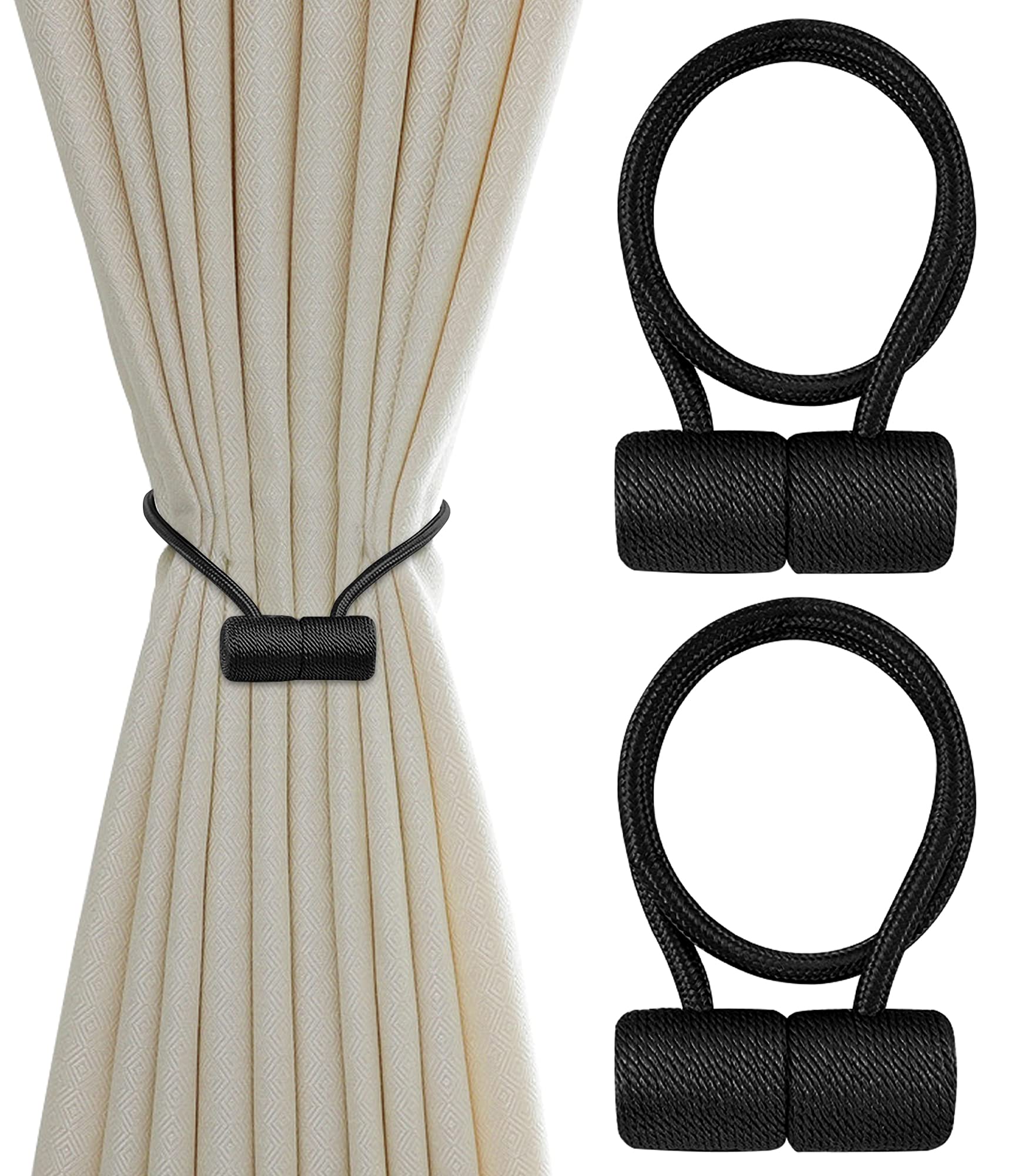 Aocar Magnetic Curtain Tiebacks, Curtain Decorative Rope, Window Curtain Holdbacks Tie Drapery Buckle (Black)