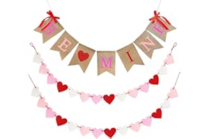 CNVOILA Valentines Day Burlap Banner, Valentines Decor for Home, Be Mine Hanging Banner & 28 Pcs Felt Heart Garland Banner Decor for Mantle Fireplace Wall, Decorations Pre-Assembled - No DIY Required