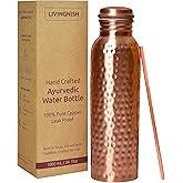 LIVINGNISH 100% Pure Copper Water Bottle for Drinking – Extra Large 34 Oz Wide Mouth, Hammered Ayurvedic Copper Water Bottle with Straw – Handcrafted Leak-Proof Vessel, Reusable & BPA-Free