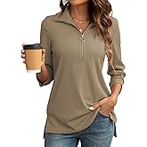 COSSEN Womens Tops Dressy Casual Shirt 3/4 Sleeve V Neck Business Casual Blouses Zipper Collar Women Polo Shirts