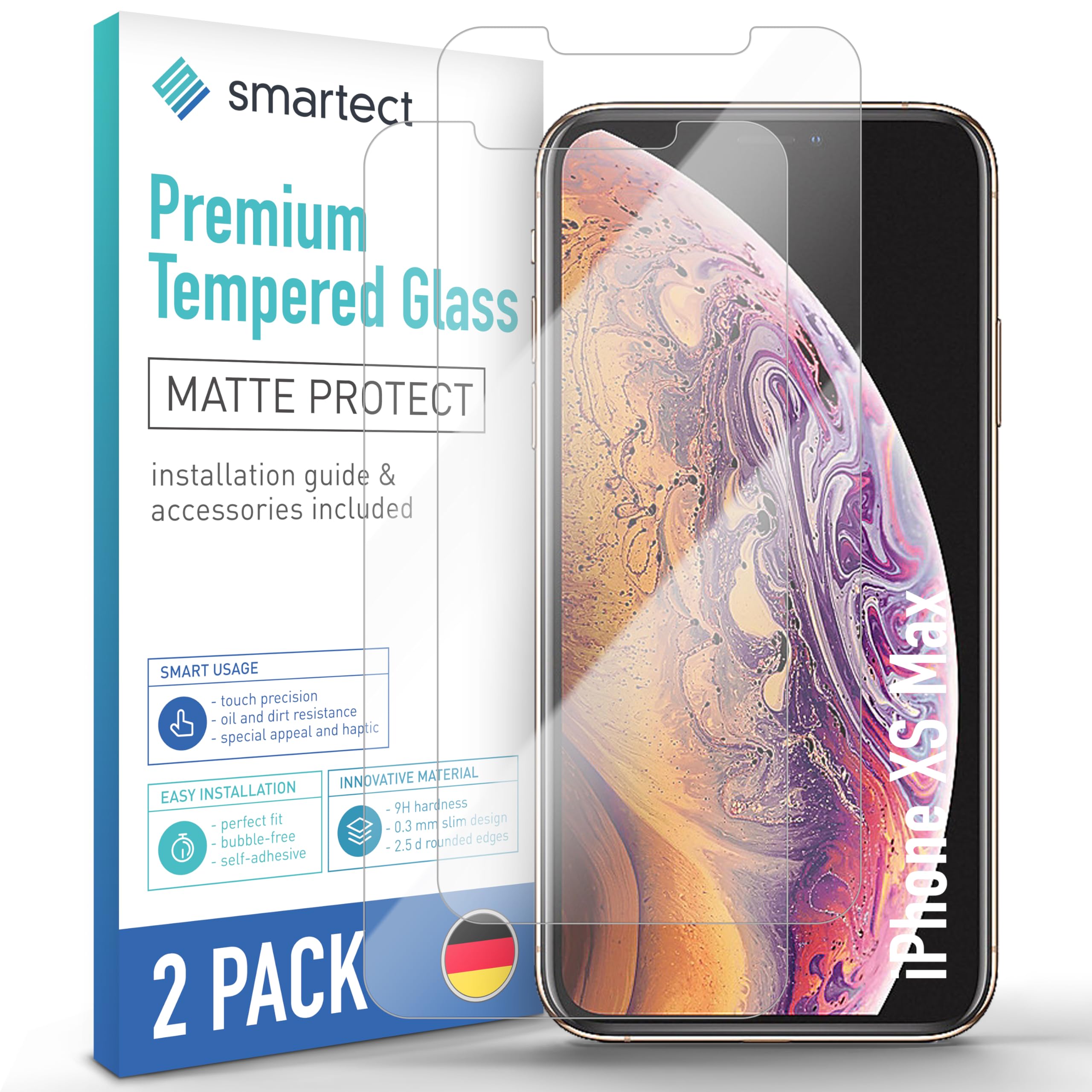 smartect Glass Screen Protector [2 Pieces, Matte] for iPhone XS Max, Anti Glare Protective Film Anti Scratch, Bubble Free, 9H Hardness, Ultra Resistant