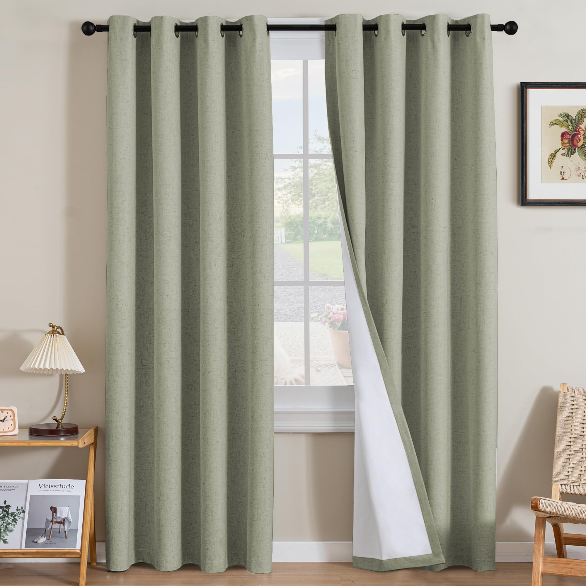 Photo 1 of H.VERSAILTEX Linen Curtains 100% Blackout Curtains for Bedroom 96 inch Long Full Light Blocking Nature Linen Blended Window Curtains for Living Room Nickel Grommet (2 Panels, Heathered Tea)