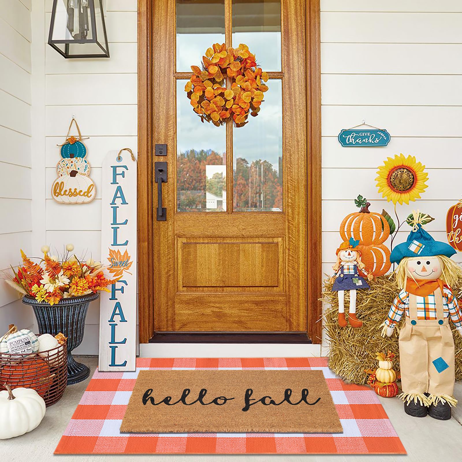 Photo 1 of Fall Door Mat Combo Set, Hello Fall Coco Coir Welcome Doormat + 28" x 43" Orange and White Plaid Rug, Autumn Thanksgiving Front Porch Entryway Decor Floor Mat
