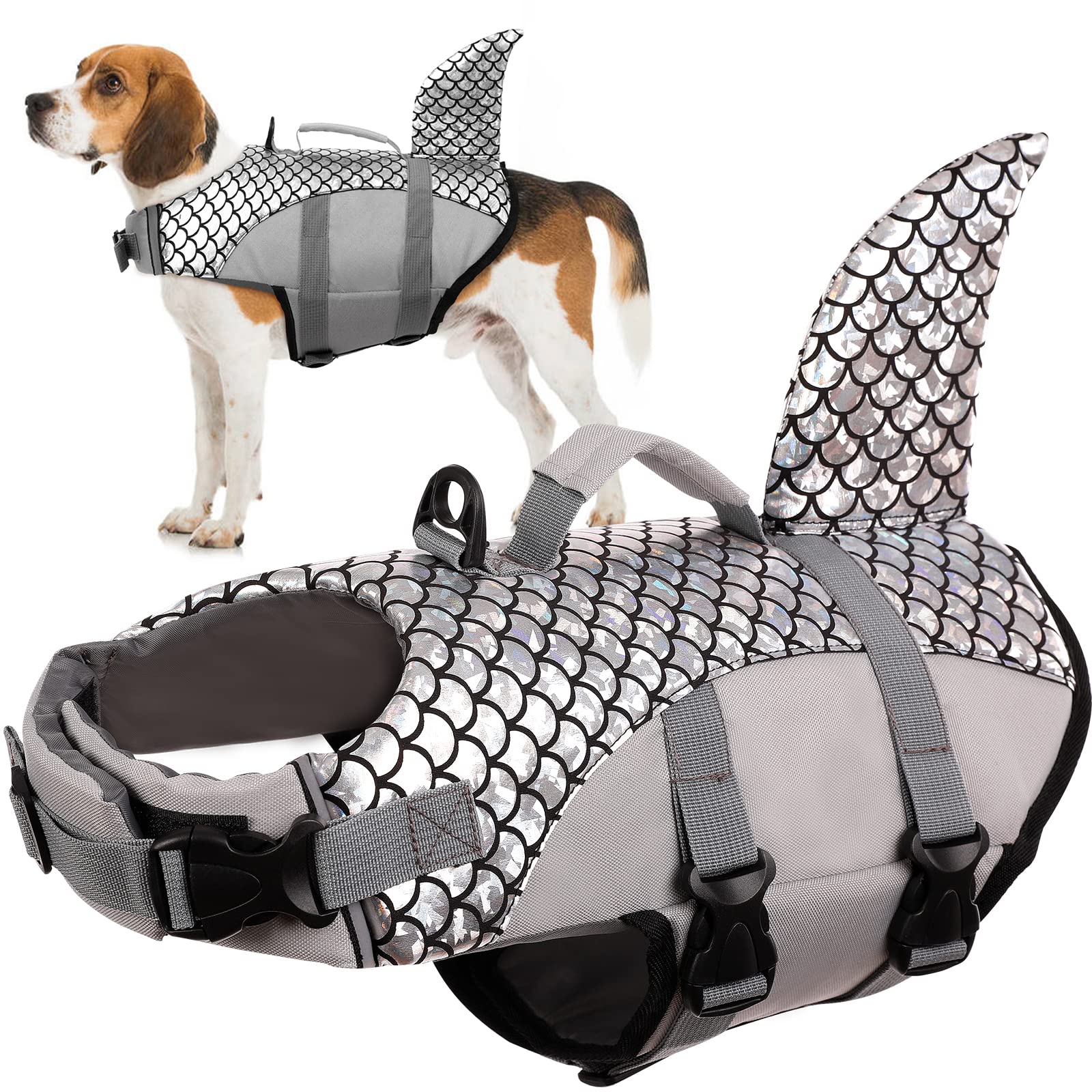 Dog Life Jacket Vest, Dog Floatation Vest Puppy Lifesaver Preserver Swimsuit Swimming Rescue Device Buoyancy Aid for Small Medium and Large Dogs(Grey, L)