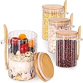 CZFWin 4 Pack Glass Containers with Lids and Spoons, Overnight Oat Container with Lids Glass, Oatmeal Jar with Spoons, Meal Prep Jars for Yogurt, Chia Pudding (Ribbed Round 4PCS)