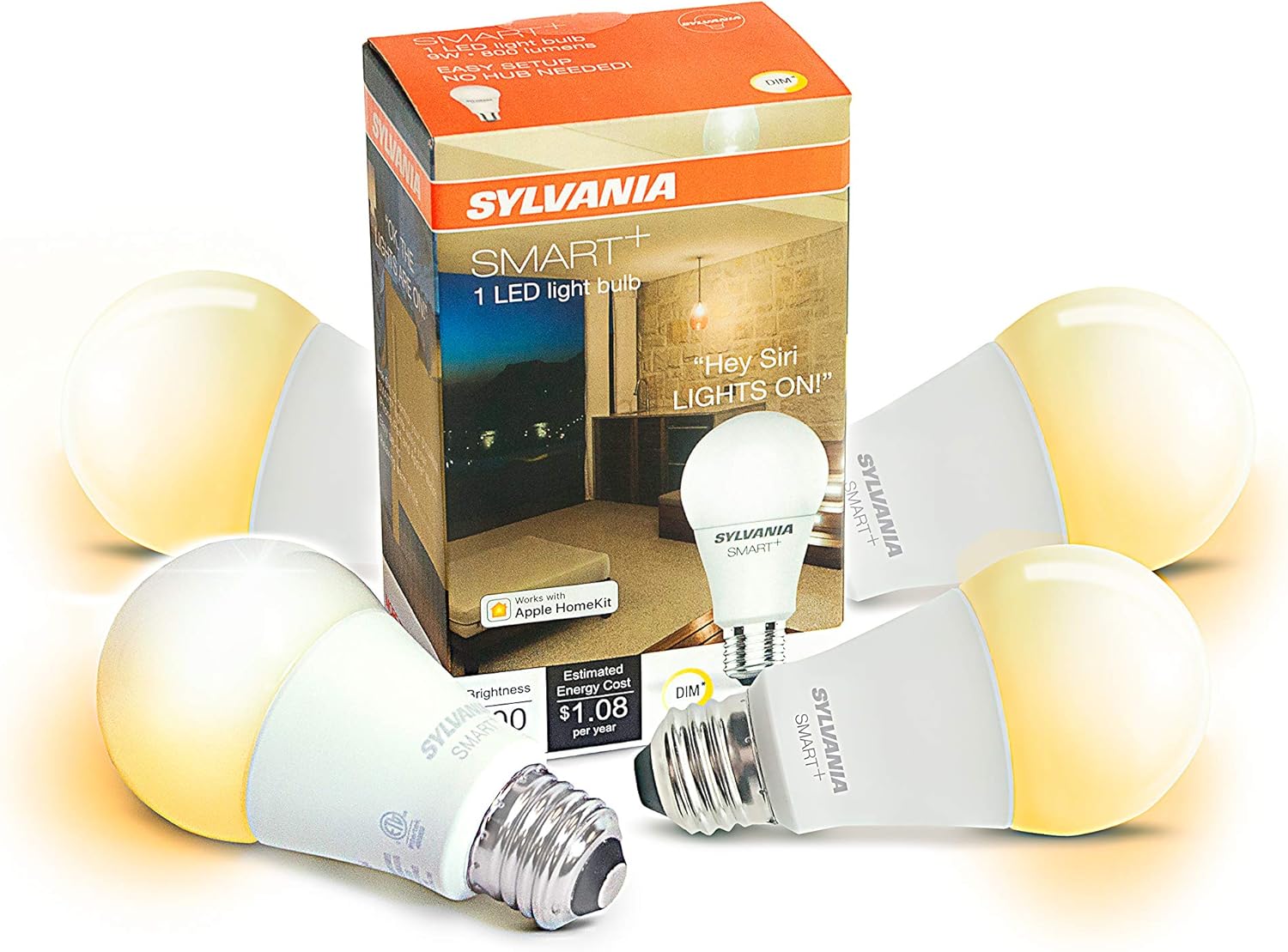 SYLVANIA General Lighting 75579 Sylvania Smart+ Bluetooth Apple HomeKit-Enabled Soft White Dimmable A19 LED Bulb, Works with Siri Voice Control, 60-Watt Equivalent, No Hub Required for Set Up, 4 Pack