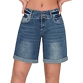 roswear Women's High Waisted Stretchy Wide Leg Denim Shorts Casual Summer Cuffed Long Jean Shorts