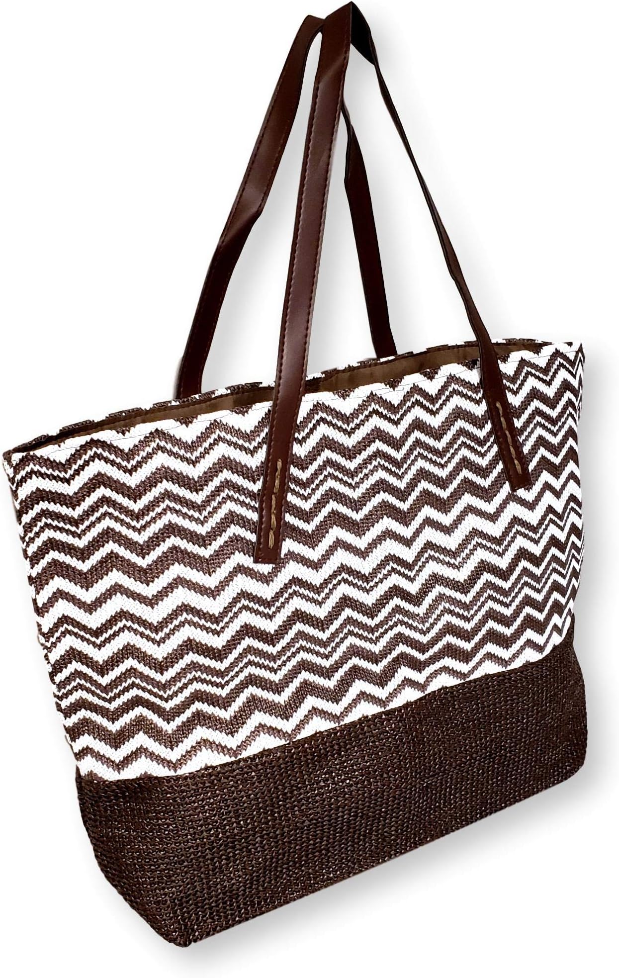 Large Chevron Print Straw Look Lined Beach Bag Tote (Brown)