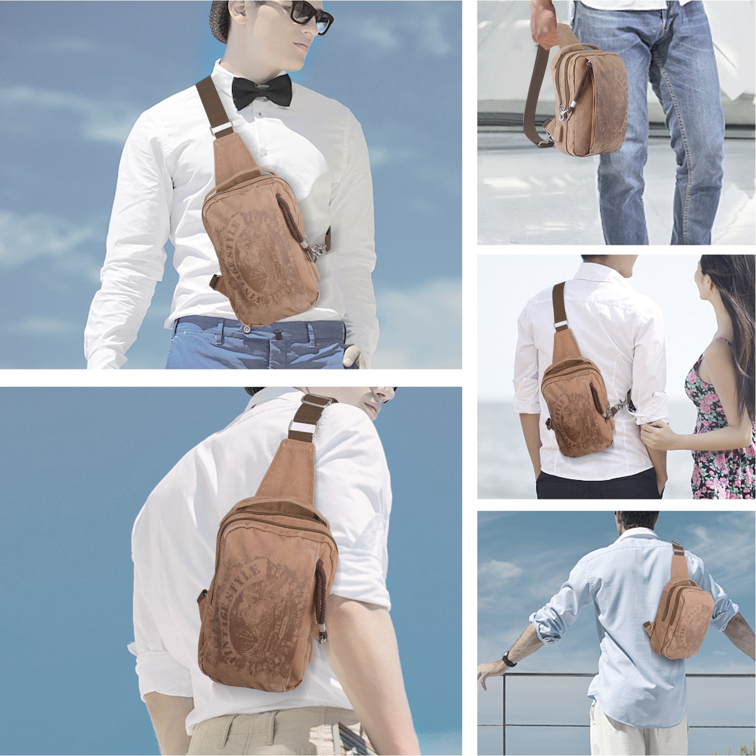 Sling Backpack Anti-Theft Canvas Bag One Strap Crossbody Shoulder Travel Sport Hiking Daypacks for Men Women USB Charging Port(Khaki)