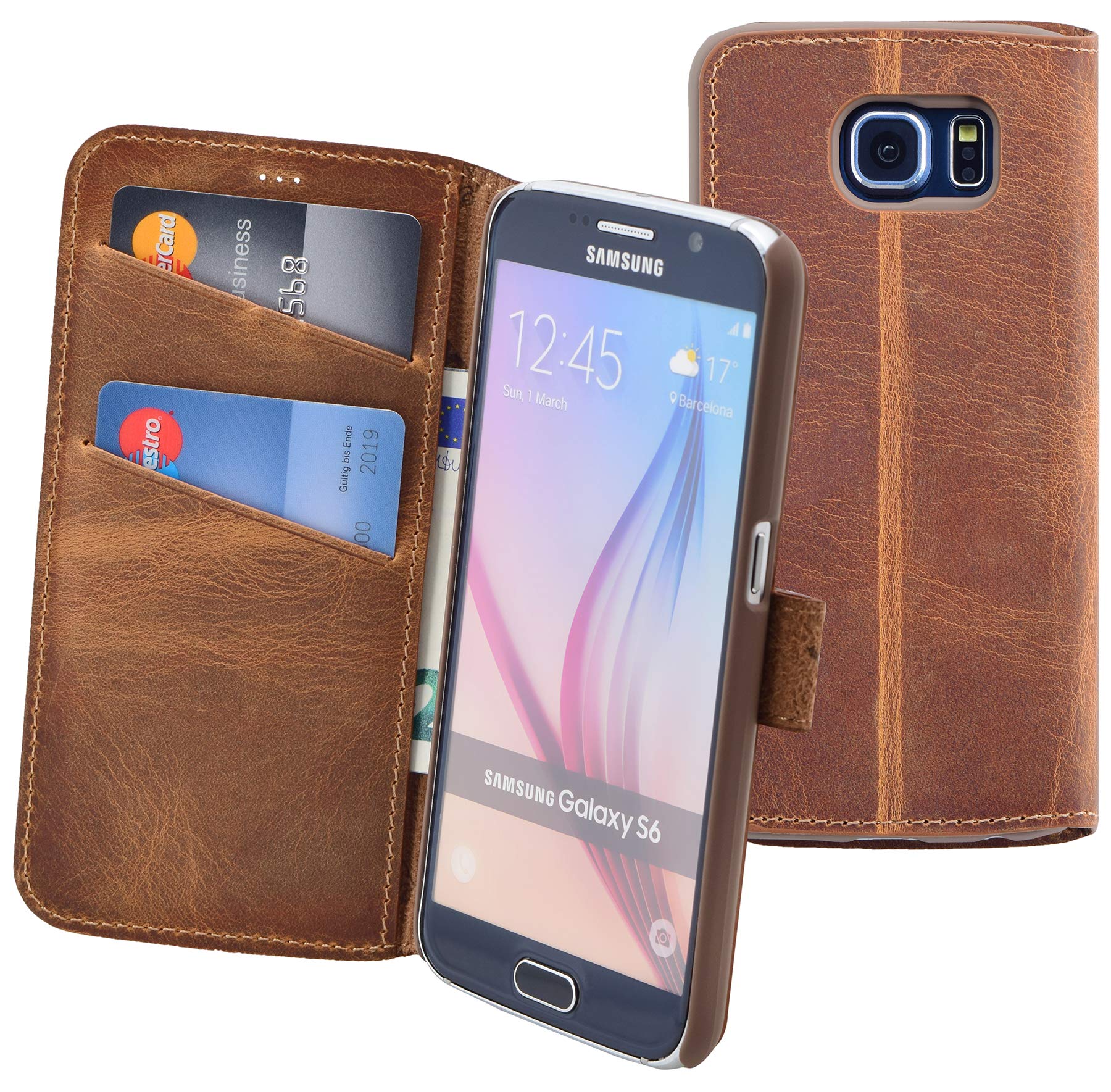 Original Suncase book-style leather case for Samsung Galaxy S5, S6, S6 Edge, S7, S7 Edge, genuine leather with card holder and stand function, case holder sleeve