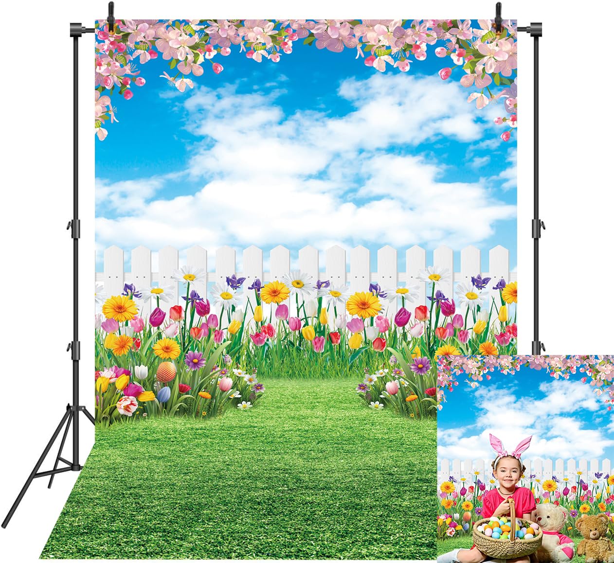 Photo 1 of Spring Easter Backdrop Spring Nature Scenery Photography Backdrop Green Lawn Pink Flowers Background for Kids Baby Shower Birthday Party Decor(5x7FT?150x210cm?)