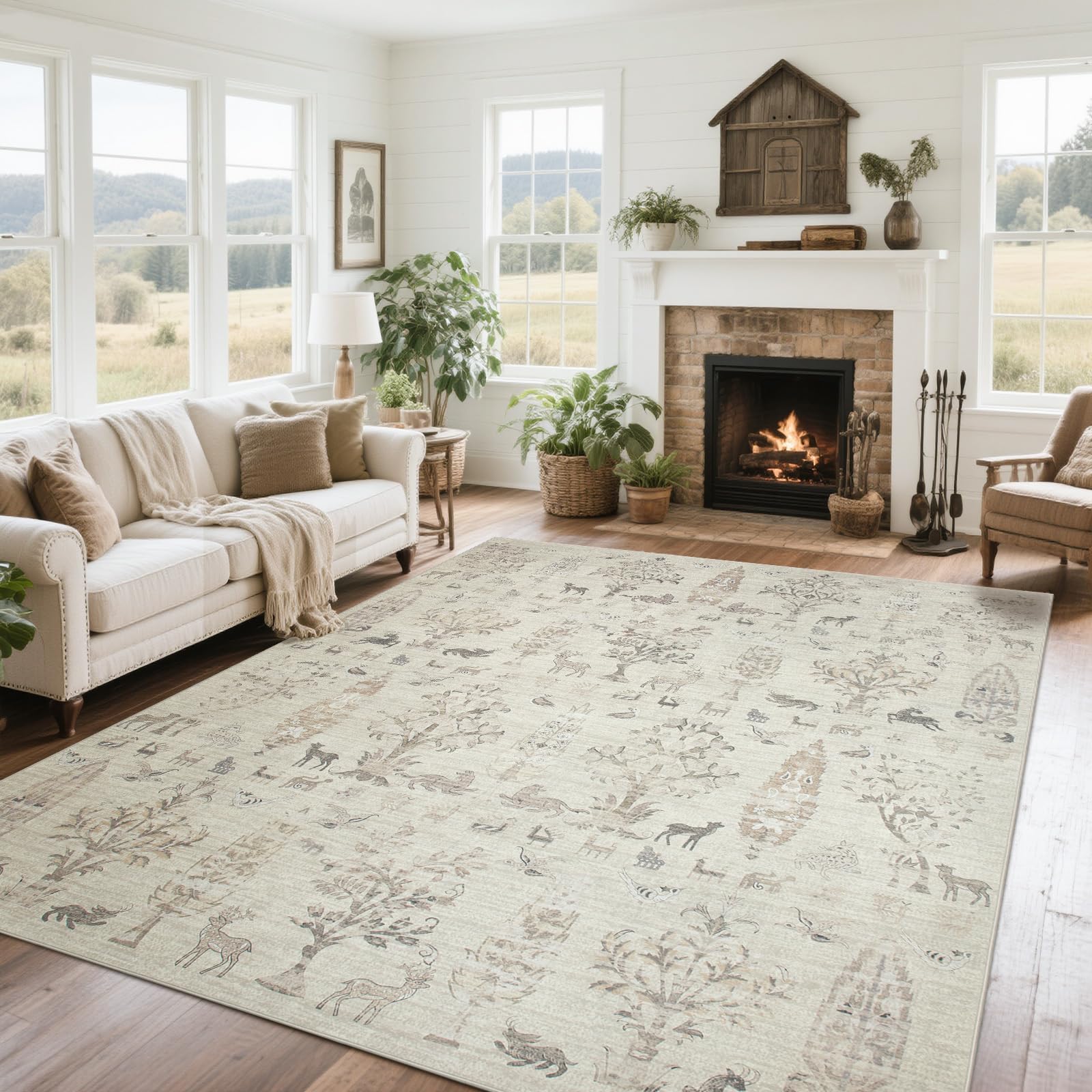 Srugn Washable Rugs 8x10 Area Rugs for Living Room,Bedroom,Dining Room- Large Ultra Soft Faux Wool Retro Carpet,Non Slip&Non-Shedding Low Pile Vintage Print Rug for Home Office Dorm Playroom-Brown Image