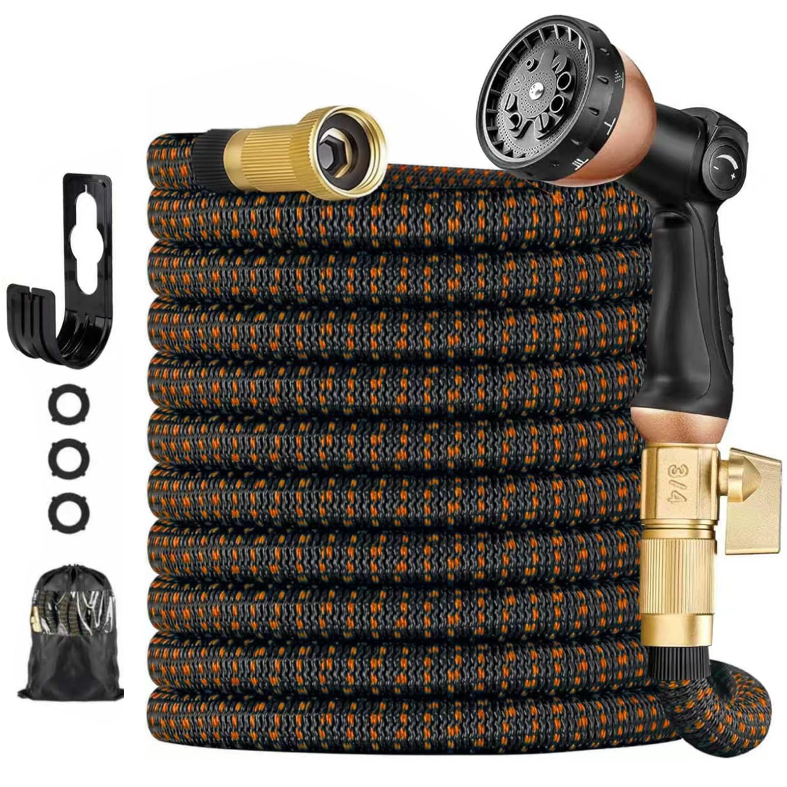 Photo 1 of 100 ft Expandable Garden Hose - Kink Free Flexible Water Hose with Thumb-Controlled 10-Function Nozzle, 3/4 Solid Brass Connectors, Retractable Latex Core - Lightweight Expanding Hose