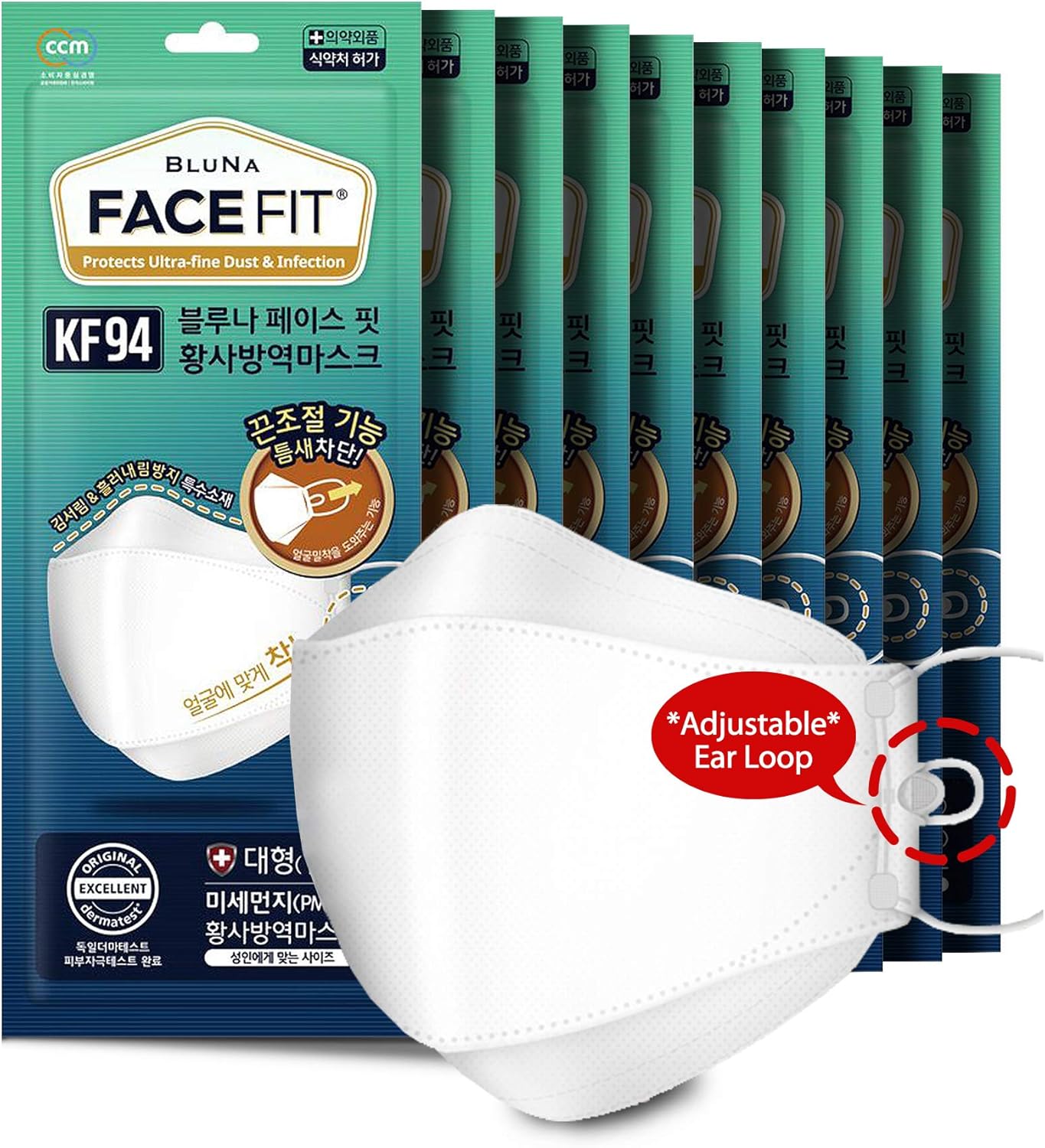 BLUNA [10 Pack] Face Fit KF94 Certified Premium 4Layer White Face Mask