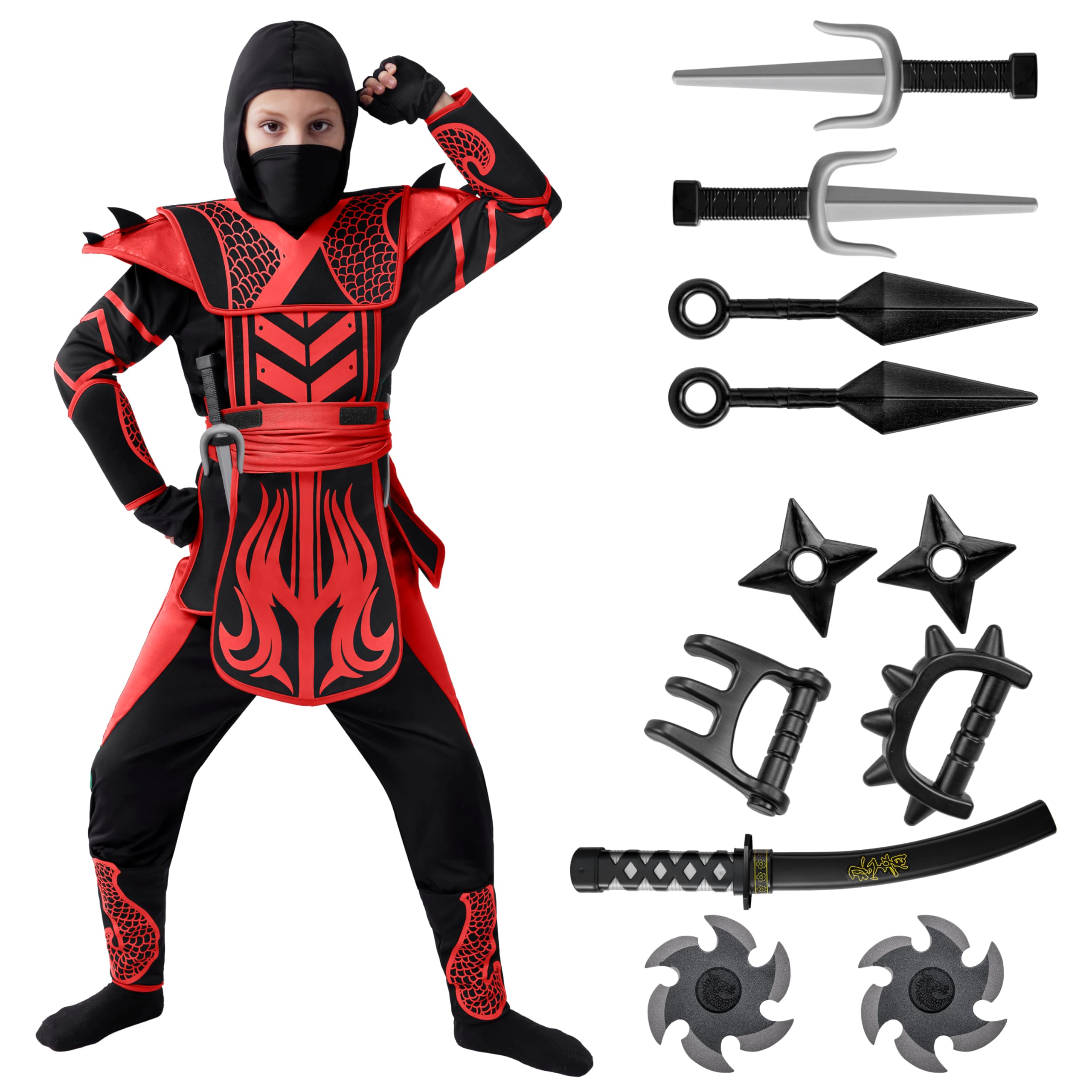 Spooktacular Creations Red Black Halloween Warrior Ninja Costume for Boys and Girls, Halloween Dress Up Party, Ninja Role Playing, Themed Parties (Medium (8-10 yrs))