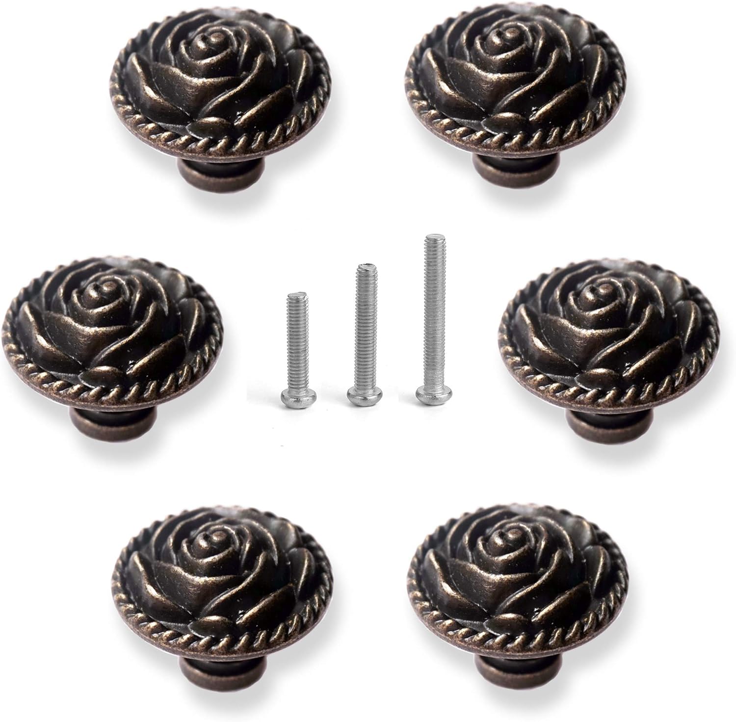 Perphin Vintage Rose Cabinet Knobs, Antique Bronze Cupboard Dresser Door Pull Round Zinc Alloy Knob Flower Drawer Handles with 3 Sized Screws for Furniture Kitchen Cupboard Closet Wardrobe (6 Pack)